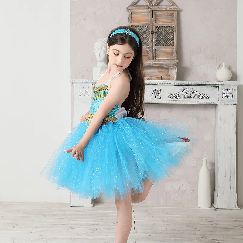 Aladdin Jasmine Girls Tutu Dress Headband Outfit Kids Birthday Party Pageant Sparkly Tulle Fancy Dress Sequins Children Clothes (9)
