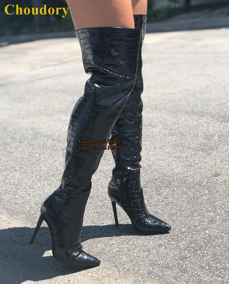 black snakeskin thigh high boots