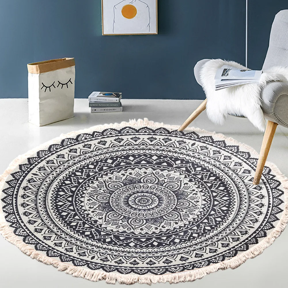 Retro Bohemian Round Carpet Hand Woven Cotton Linen Carpet Rug Bedside Rug Geometric Floor Mat