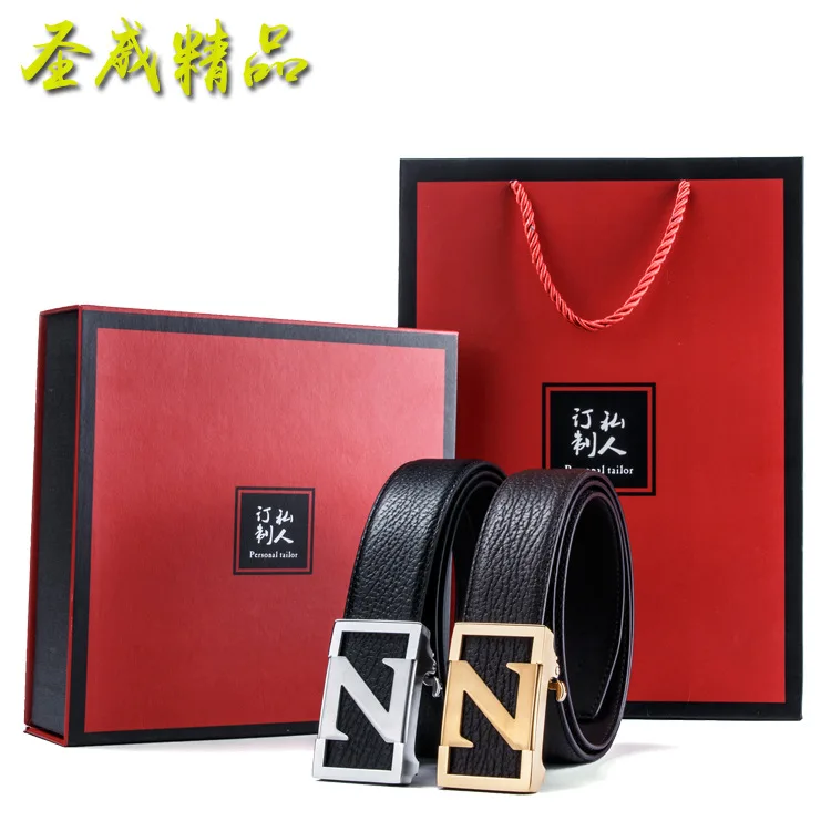 

Gift Box Business Genuine Leather MEN'S Belt Full-grain Leather Automatic Buckle Leather Belt Casual Korean-style Leather Belt M