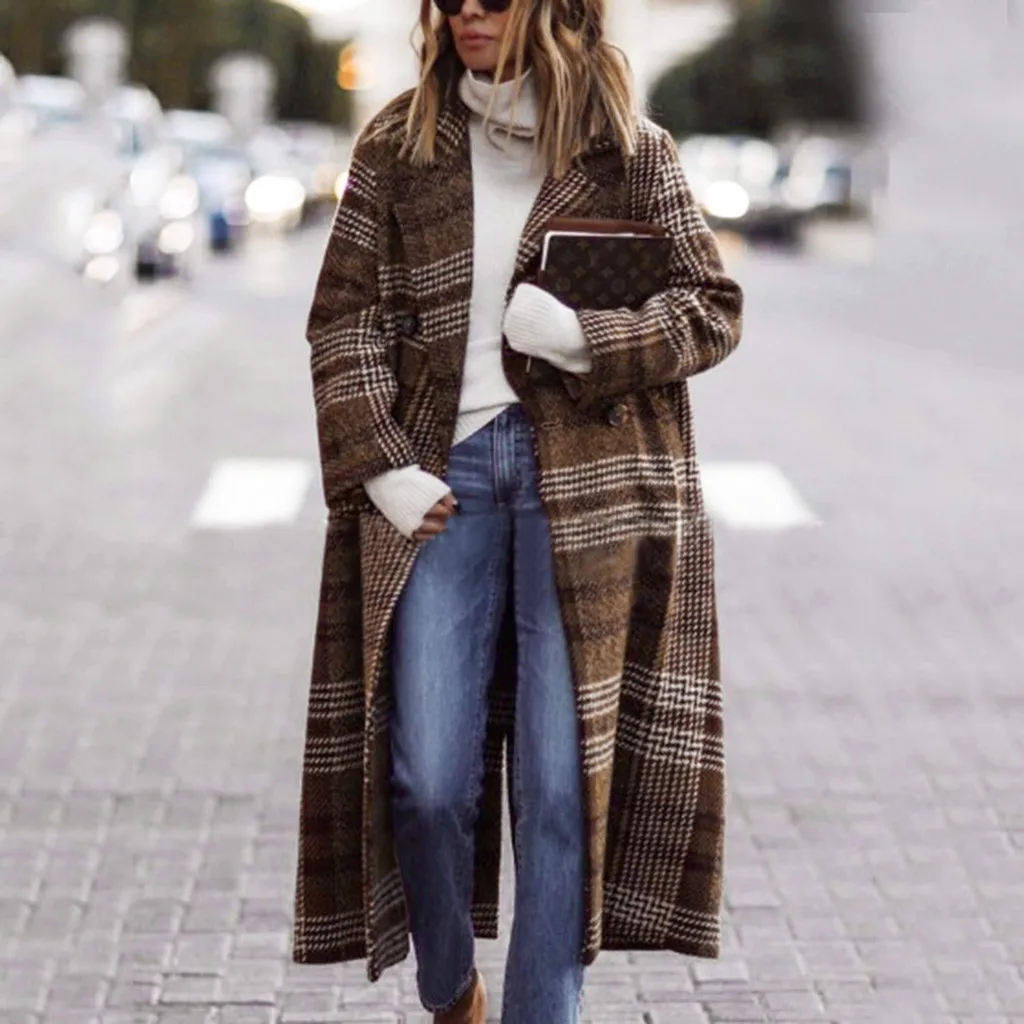 KANCOOLD пальто женское с длинным рукавом клетчатое длинное пальто с пуговицами шаль ветровка модные новые пальто и куртки для женщин 2019Sep28 - Color: Brown