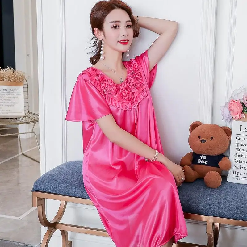 Short Sleeve Rose Flower Applique Sleep Dress Female Lady Long Nightdress Gowns Lingerie Silk Sleepdress Fancy Nightshirts Women