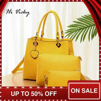 

Ladies Classic High Quality Messenger Bag Handbag Wallet Three-Piece Sets 2020 Summer Latest Yellow Brown Black Shoulder Bag