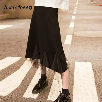 

SAM'S TREE Black Solid Contrast Mesh Knit Women Midi Skirts 2020 Spring Pure Patchwork A Line Korean Casual Ladies Skinny Skirt