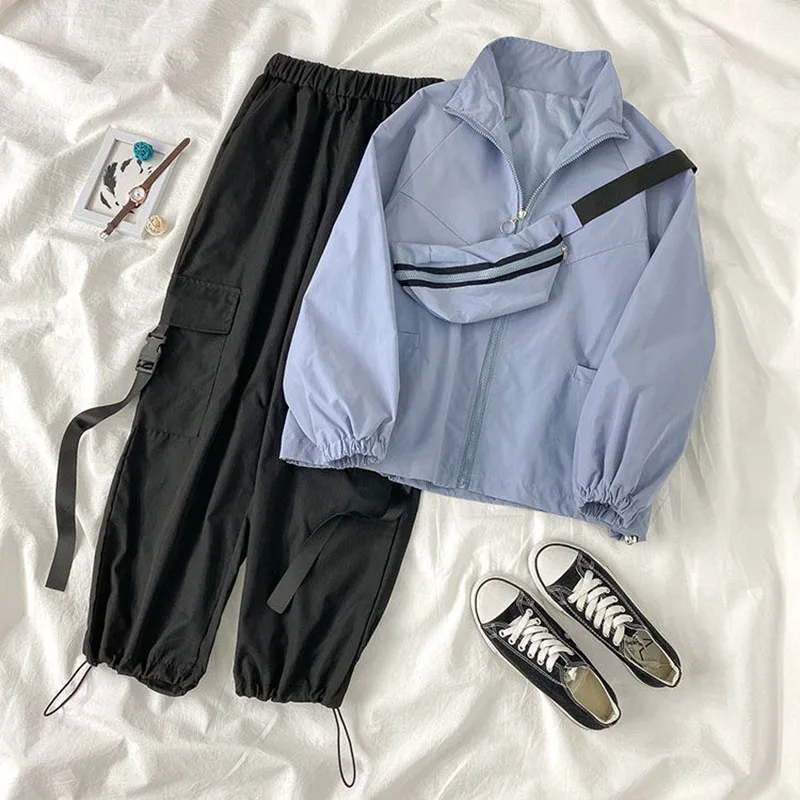 

Autumn Spring Women Loose Long-Sleeved Jacket Coat With Bag + High-Waist Straight-Leg Cargo Pants Women