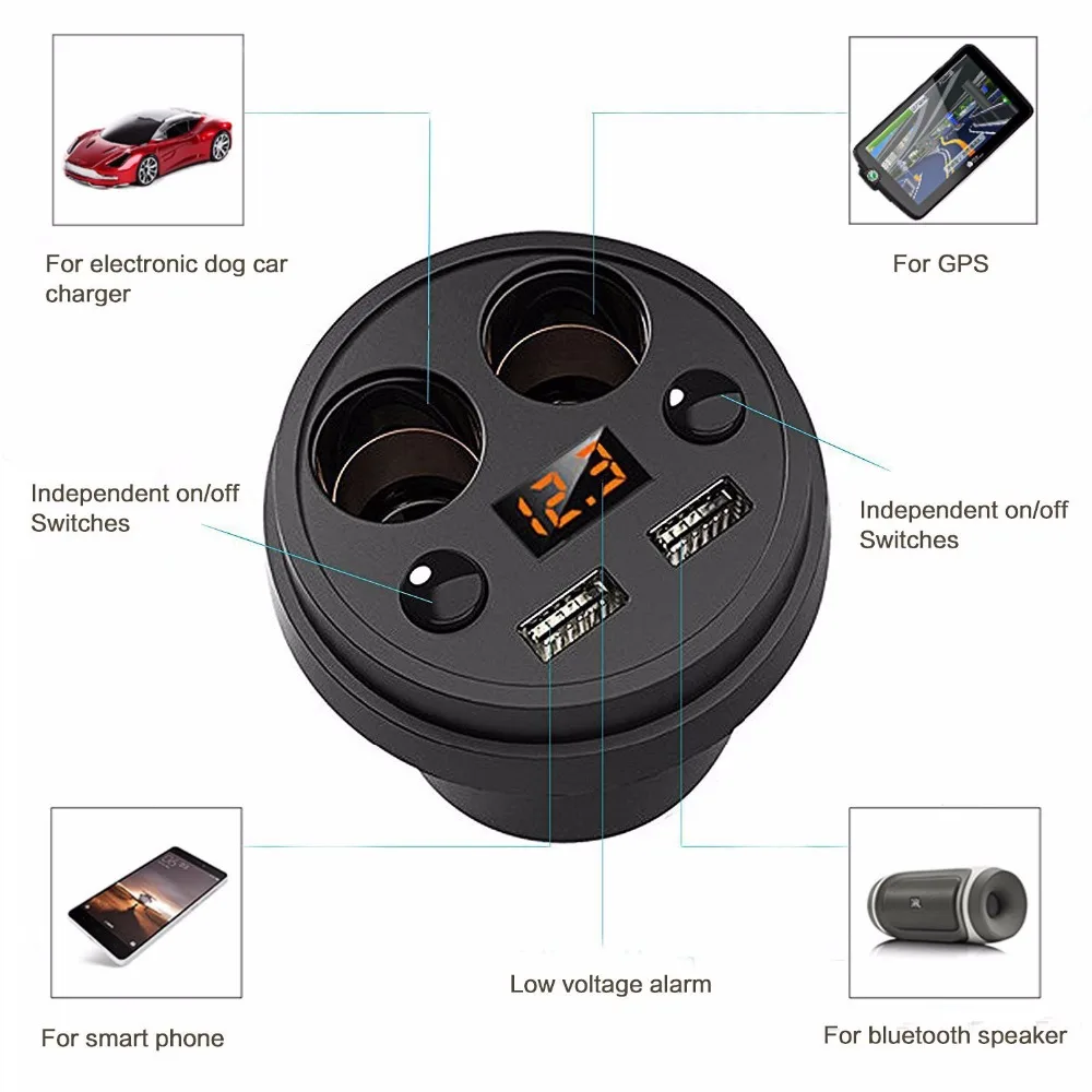 3.1A 2 USB Автомобильное зарядное устройство чашка автомобильное зарядное устройство Многофункциональный дисплей Напряжение DC12-24V прикуривателя Разветвитель для gps DVR зарядки