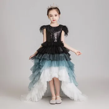 

Children Girls High Quality O-Neck Model Show Catwalk Host Costumes Layers long Tail Dress Kid Birthday Evening Party Prom Dress