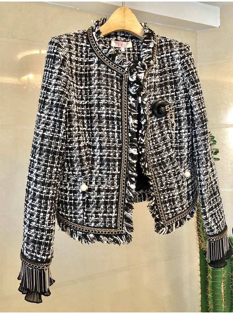 Осень зима Подиум Новая мода высокого качества твидовый в клетку куртка с кисточками и бисером с длинными рукавами пальто