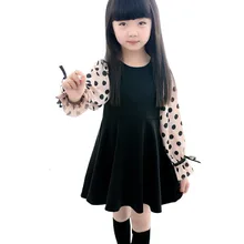 Платья принцессы для девочек платье в горошек для детей, весенне-осеннее шифоновое платье с рукавами в стиле пэчворк, милая детская одежда для детей от 4 до 14 лет