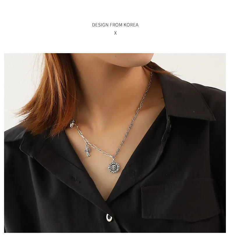S925 Pure Silver Necklace Woman Tai Yin Personality Tide Skull Head Pendeloque Cut Jewelry