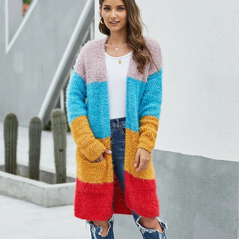 Women's Wear Winter New Pocket Sweater European And American Medium And Long Sleeves Multi-color Stitched Knitted Cardigan Women's Wear Winter New Pocket Sweater European And American Medium And Long Sleeves Multi-color Stitched Knitted Cardigan