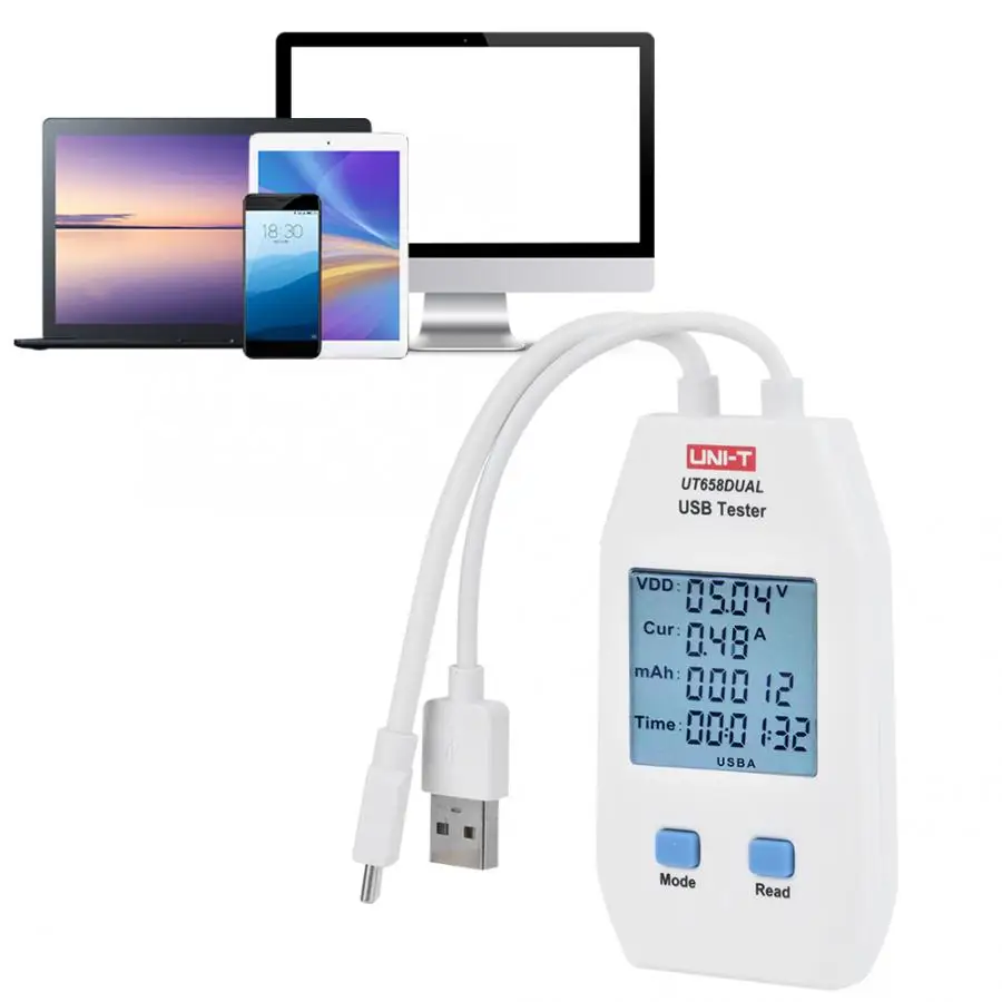 

UNI-T UT658A UT658C DUAL Digital Dispay USB Tester Current Voltage Charger Capacity Doctor qc1.0 2.0 3.0 Power Capacity Tester