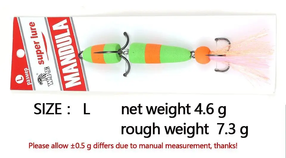 W. P. E Фирменная Новинка MANDULA, 1 шт., размер L, приманка для басов, мягкая рыболовная приманка, плотная пена, плавающие приманки, 4,6 г, с 2 тройными крючками, 2/0#1