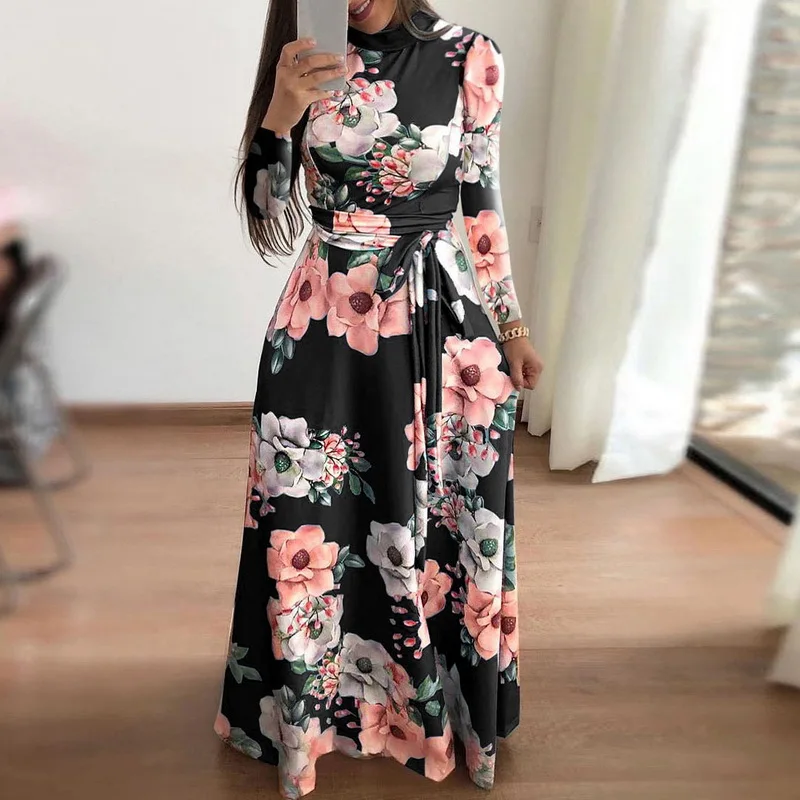 

Laamei Women Autumn Dress 2019 Casual Long Sleeve Long Dress Boho Floral Print Maxi Dress Turtleneck Bandage Elegant Vestidos