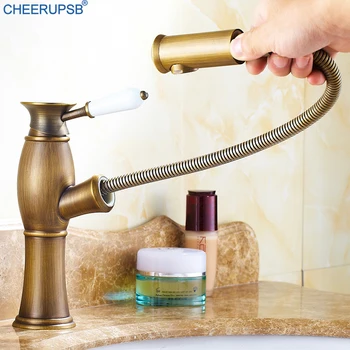

Bathroom Tap Pull Out Basin Faucet Hot Cold Shower Water Mixer Tap Antique Gold Faucets Brass Chrome Copper Taps Black Paint K36