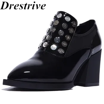 

Drestrive Patent Leather Women Pumps Thick Heels 6 cm Black Pointed Toe Metal Decoration 2020 Spring Cow Leather Mid Heel