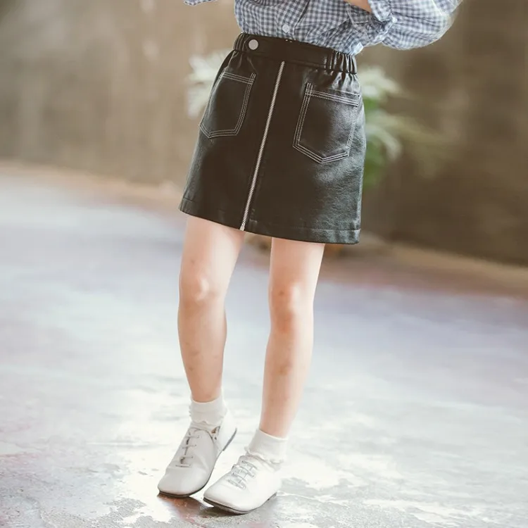 Girls Skirts Kids Pleated PU Leather Skirt 4-16 Year Old Teen Girl Skirts Zipper Straight Skirts Kids Outfit Children Clothes
