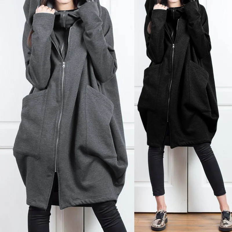 Женское пальто с капюшоном, винтажные куртки, осень, женские длинные куртки на молнии с длинным рукавом, зимняя верхняя одежда, толстовки размера плюс