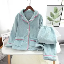 winter new pajamas women's solid color flannel thick diamond lattice suit collar home service suit nightclothe sleepwear tops
