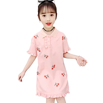 

Kids Cherry Dresses For Girls Clothes Summer Turn-down Collar Princess For Students Knee Length Dress Children Clothing Sundress