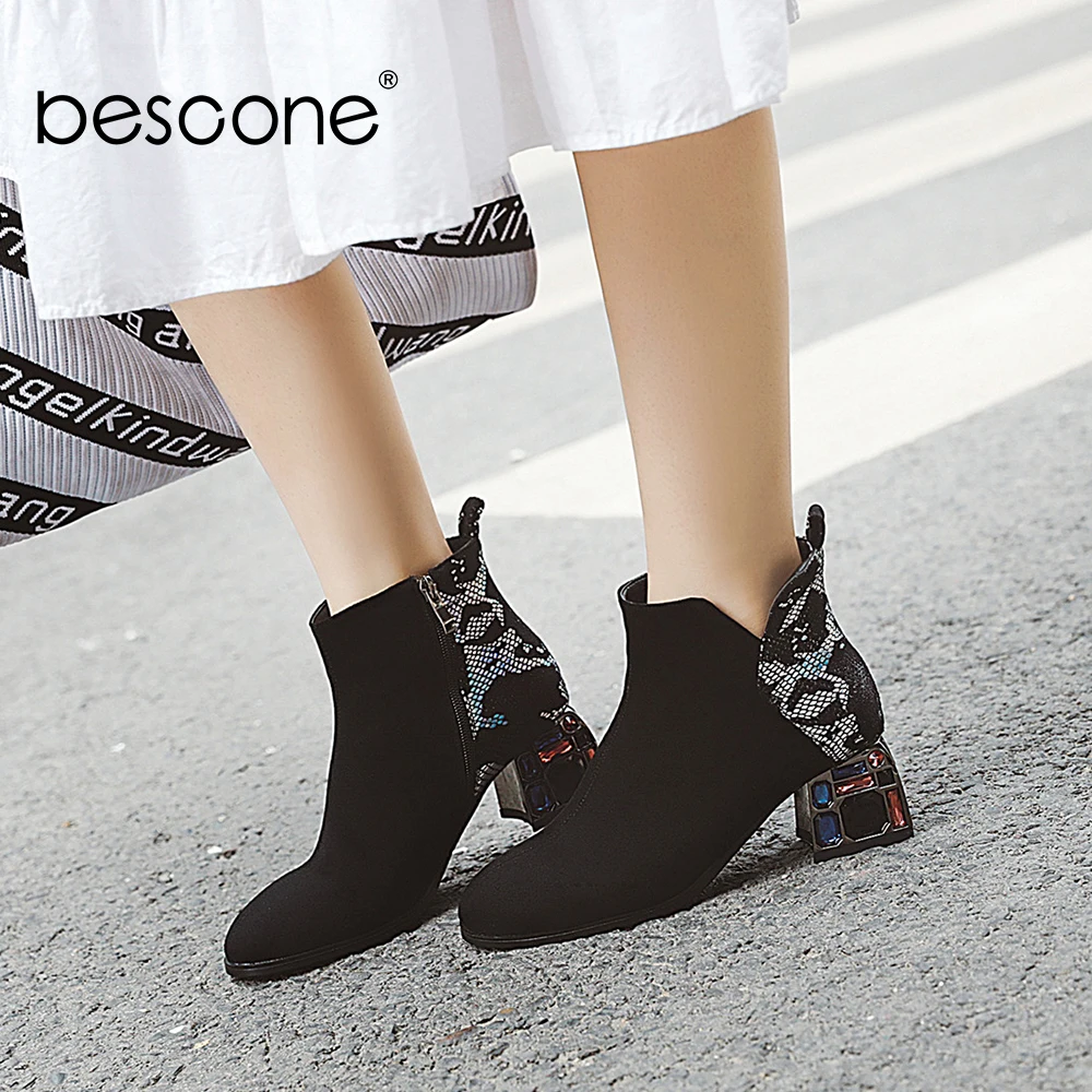 BESCONE Stylish Women Mid-Calf Boots Winter Handmade Snake Pattern Zip Square Heel Shoes Microfiber Round Toe Lady Boots BM307