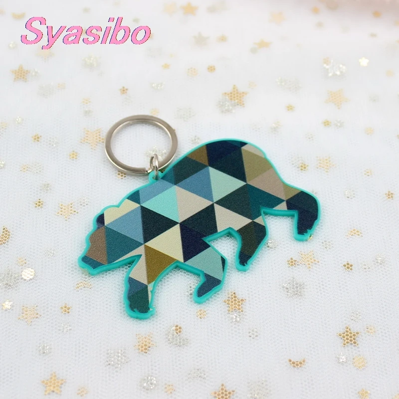 

76mm Acrylic Bear Keychain Triangle Geometry Printed Bear Mom Monogram Keychain Laser Cutout-KC013