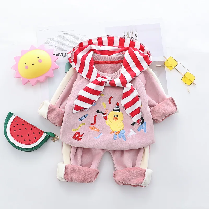 0-4 years winter boy girl clothing set casual thicker warm cartoon cute kid suit children baby clothing hoodies+pant 2pcs