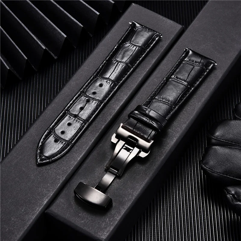 Premium Genuine Leather Watchband with Butterfly Buckle - Elegant Men's Strap Accessory