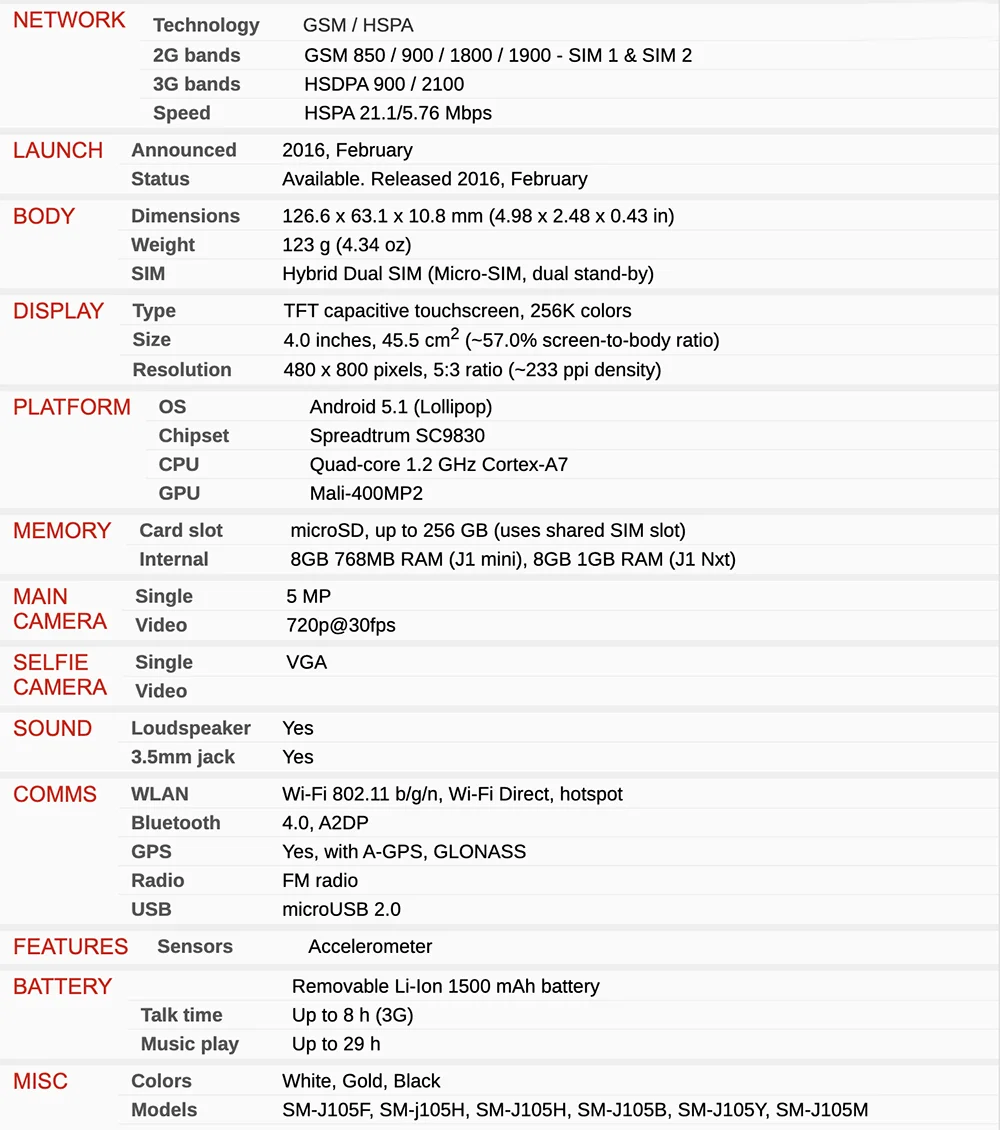 Мобильный телефон samsung Galaxy J1 Mini(), SM-J105H, 8 Гб ПЗУ, две sim-карты, Wifi, gps, четырехъядерный, 4,0 дюймов, сенсорный экран, мобильный телефон