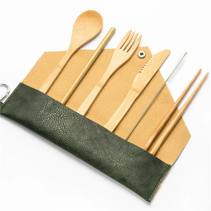 

Bamboo Cutlery Set Wooden Reusable Flatware Set Travel Utensils Bamboo Straw Spoon Knife Fork Spoon Brush Kitchen Tableware