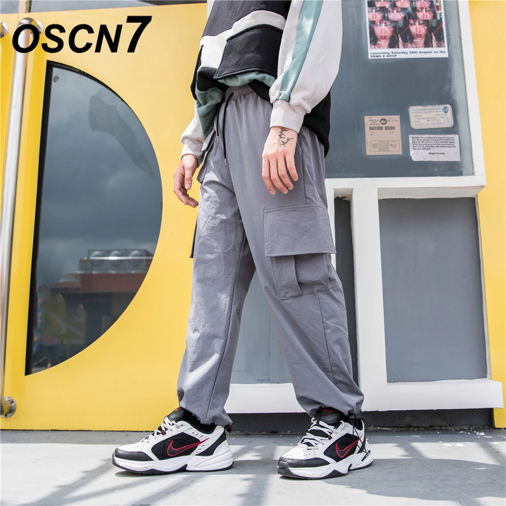 

OSCN7 Streetwear Hip Hop Cargo Pants Men Brand High Street 2019 New Fashion Trend Pocket Elastic Band Mens Pants K11