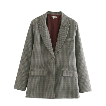 

Stylish Plaid Printed Blazers Women Fashion Casual Notched Blzaer Coats Elegant Ladies Single Button Suits Female Chic Tops