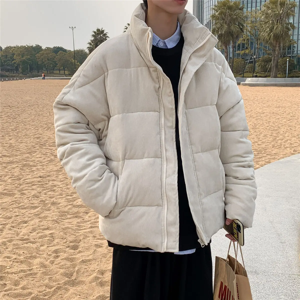 IEFB/남성복 면 패딩 재킷 남성용 코듀로이 빵 재킷, 넉넉한 빅 사이즈 스탠드 칼라 지퍼 겨울 코트 9Y4140