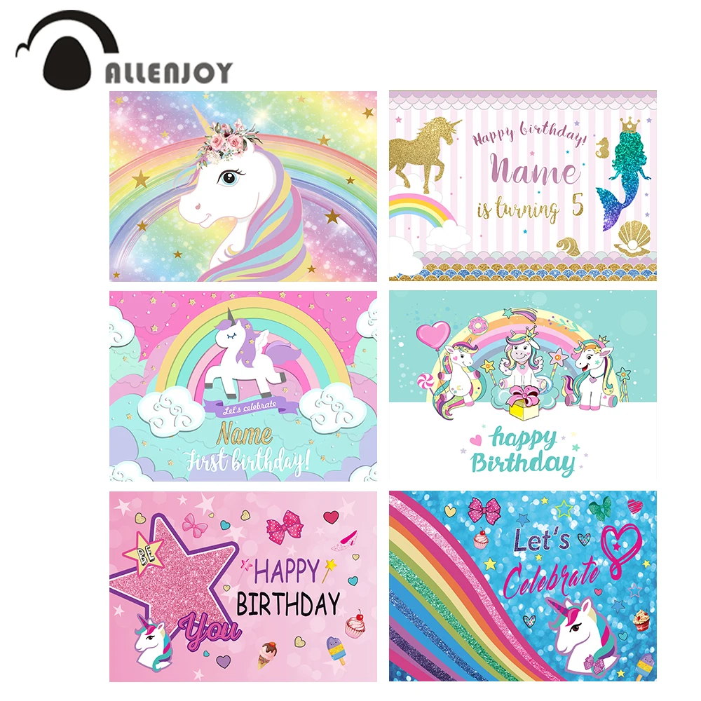 allenjoy unicorn birthday party backdrop background rainbow decor garland golden stars baby child customize photocall photo background aliexpress