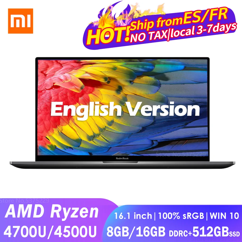 Xiaomi RedmiBook 16 portátil de 16,1 pulgadas AMD Ryzen 4500U 8G/16G DDR4 512GB SSD Windows 10 ultrafino 100% sRGB Oficina portátil