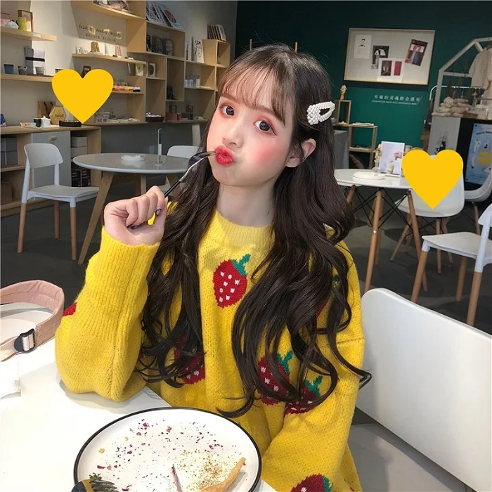 Цвет: желтый Корейский Ulzzang, новинка, зима, большой размер, свободный, забавный, клубничный принт, шикарный, длинный рукав, женский, милый, ins, Круглый ворот, модный, Повседневный свитер - Цвет: Цвет: желтый