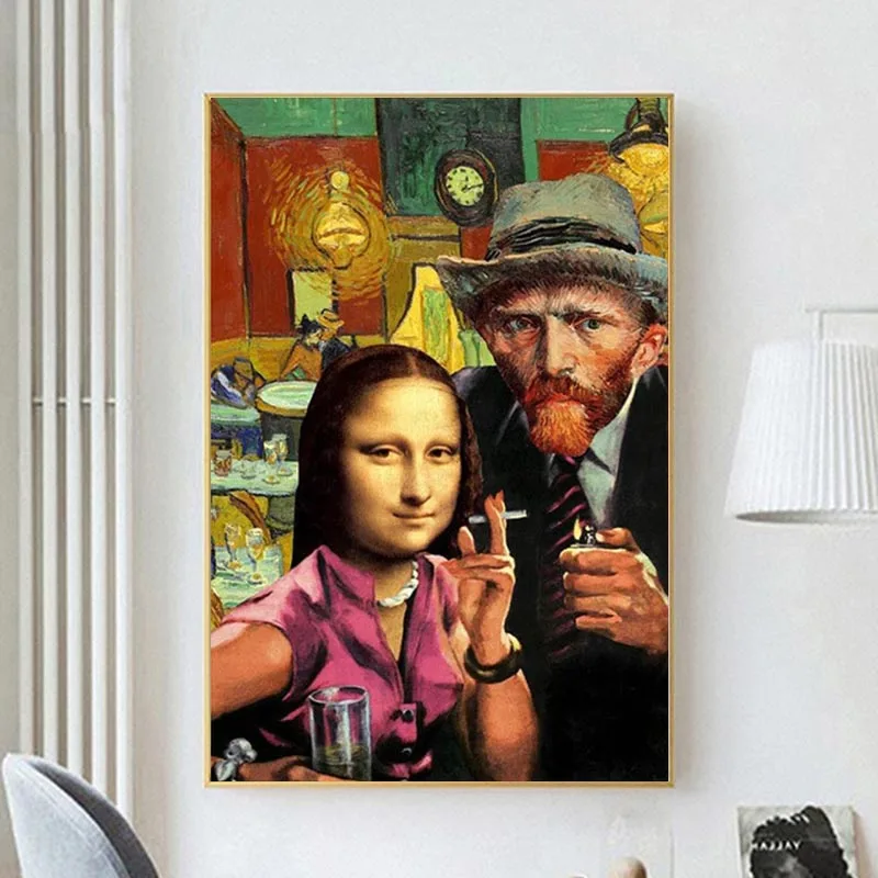 

Funny Art Mona Lisa and Van Gogh Smoking Canvas Paintings Wall Art Posters and Prints Da Vinci Famous Paintings for Living Room