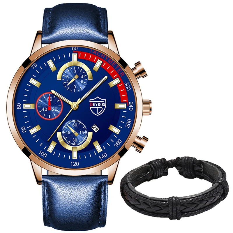 Luxury Mens Leather Watches Stainless Steel Fashion Calendar Quartz Wrist Watch Leather Bracelet Male Business Luminous Clock 