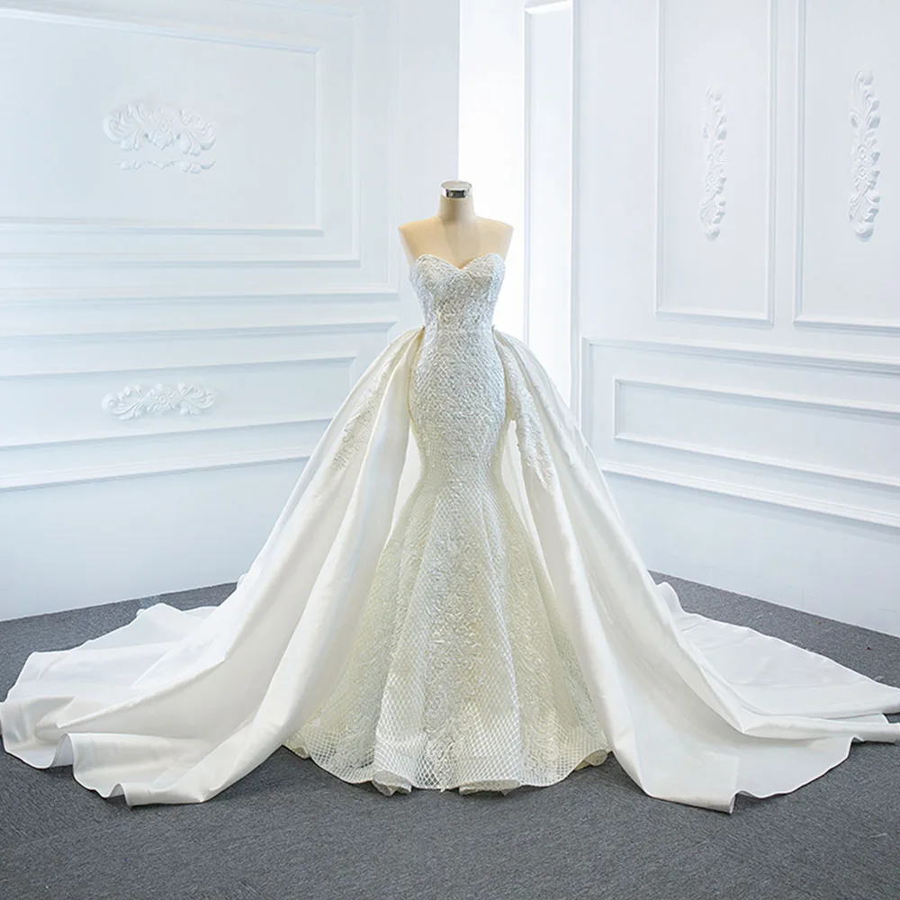 2021 recém chegados 2 peças pérolas rendas sereia vestido de casamento com capela destacável trem vestido de noite sereia 2 em 1