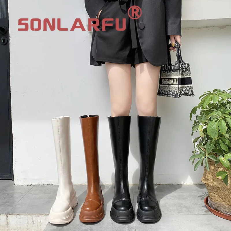 

SONLARFU Martin Boots Retro Platform Autumn and Winter New Brown High Boots with Back Zipper