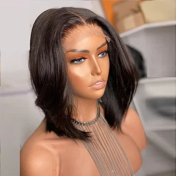 

13*6 Deep Part Lace Front Wig Synthetic Dark Brown Yaki Straight Heat Resistant Fiber Synthetic Short Bob Lace Hair Wig