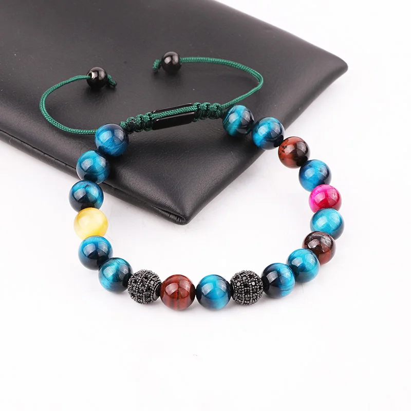 Jaravvi High Quantity 8mm Natural Stone Tiger Eye Crystal CZ Ball Cord Adjustable Macrame Bracelet For Women Men - Image 6