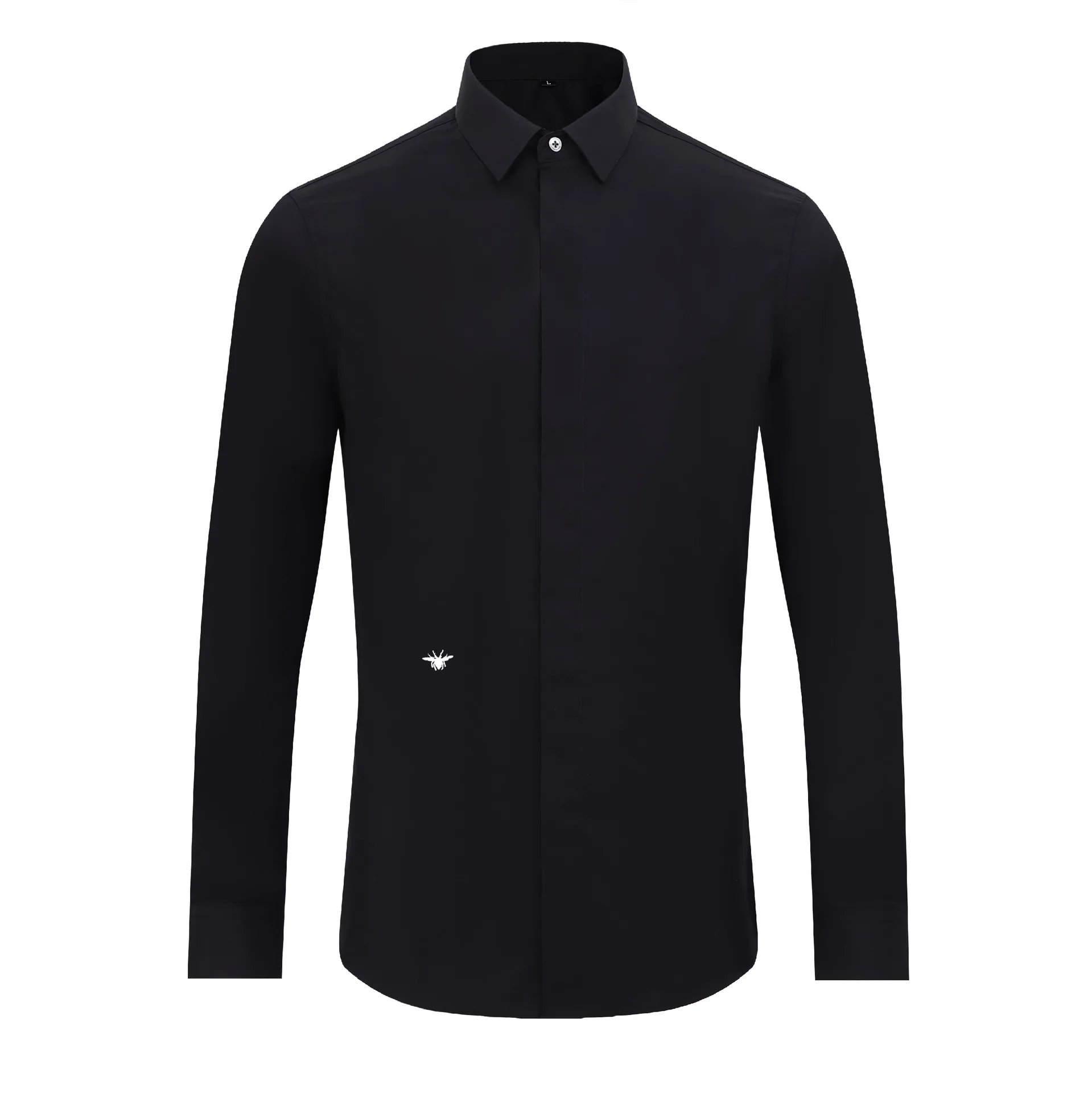 Little Bee Embroidered Men's Shirt Solid Color Long Sleeve European Station Business Casual European Style Slim White Shirt