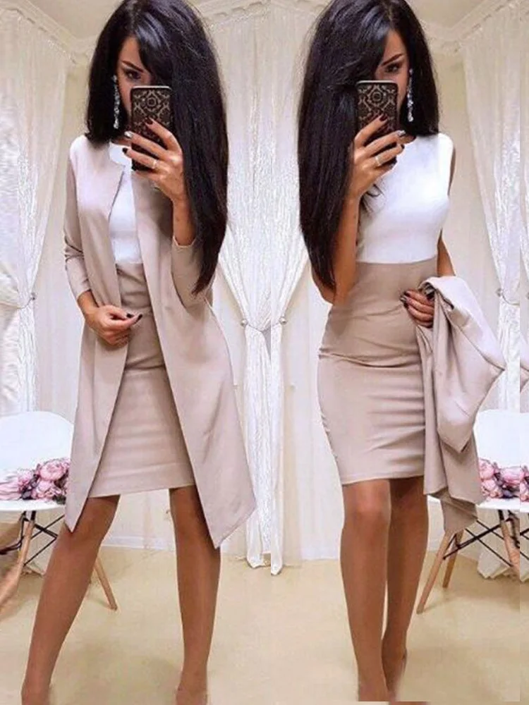 Offerte 2019 Nuovi Vestiti Della Signora Dell ufficio del Vestito Convenzionale di Affari di Usura Lungo Delle Donne Giacca Sportiva Giacca Guaina Vestito 2 Pezzo Set abbigliamento Donna