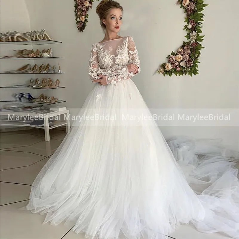 

Bohemia Long Sleeves Wedding Dress Appliques Vestido De Noiva See Through robe mariage Buttons Back Bridal Dress Customize