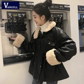 

Vangull New Autumn Winter Women Faux Leather Jacket Casual Warm Fur Lining Jackets Adjust Waist Black Leather Short Coat Jacket