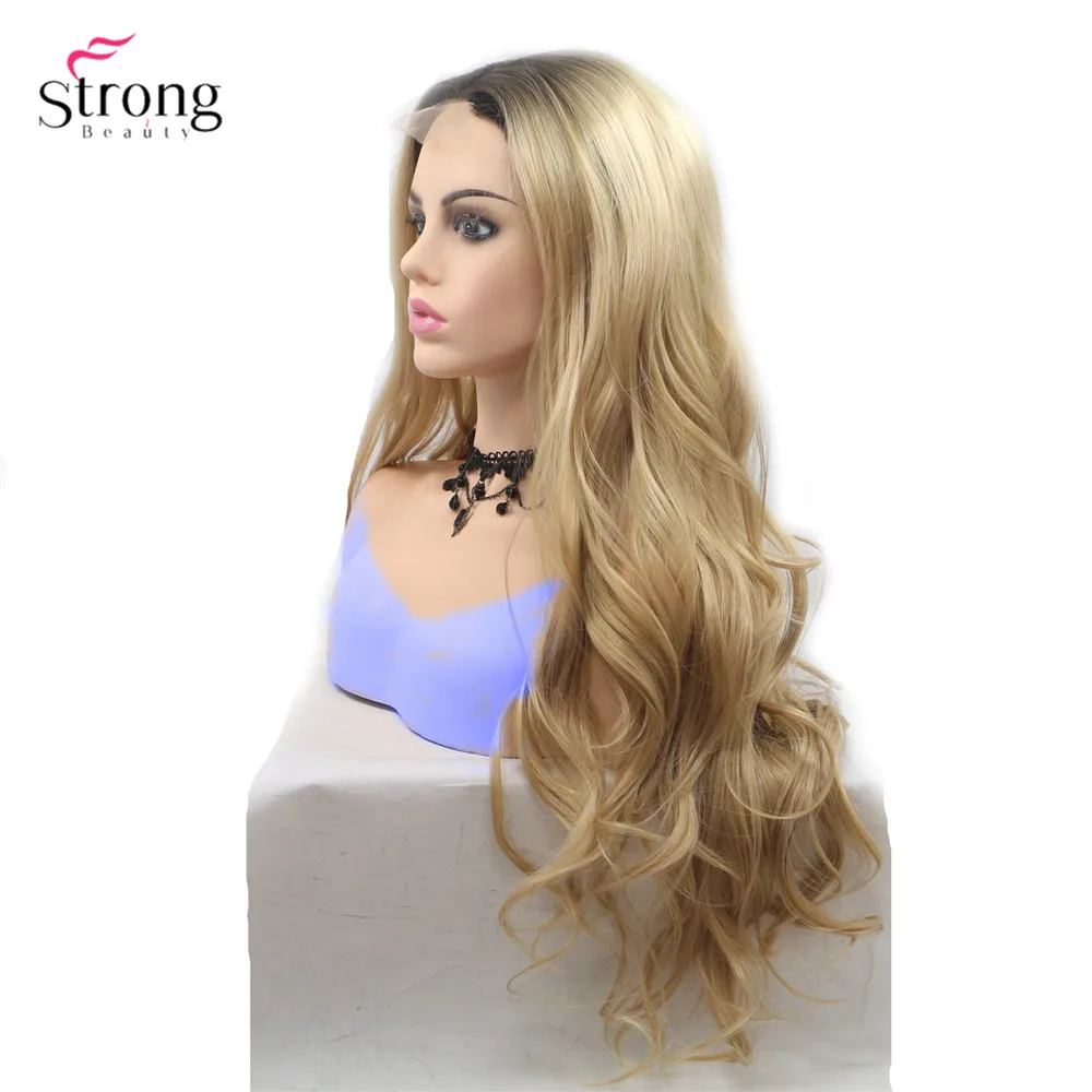 StrongBeauty длинные вьющиеся волосы парик Омбре блонд/розовый синтетические кружева передние парики для женщин