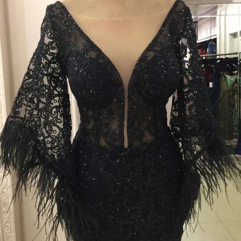 Long-Black-Glitters-V-Neck-Lace-Evening-Dress-2019-with-Feather-Saudi-Arabia-Dubai-Moroccan-Sexy (1)