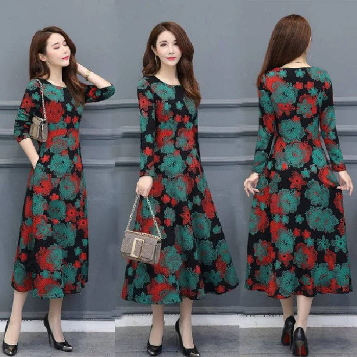 

Large Size Dress 2019 New Style Women's Spring And Autumn Dress Waist Hugging Belly Covering Elegant Goddess-Style Long Sleeve o