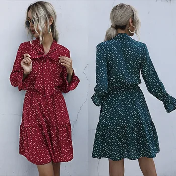 

L Trade Europe and America Chiffon Polka Dot Printed Pleated Dress Women Long Sleeve 2020 Autumn and W